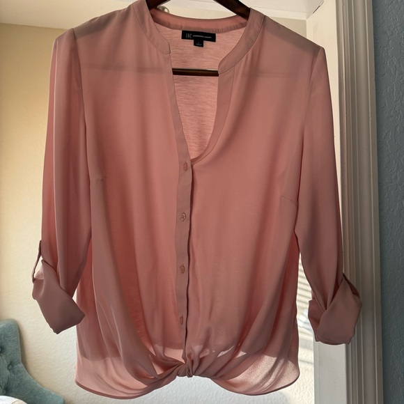 INC Twist Front Roll Cuff Button Down Mixed Media Peach Pink Mauve Blouse Size L - Picture 4 of 9